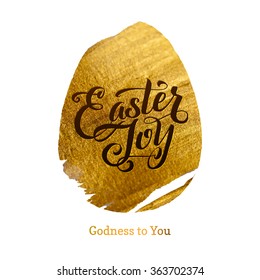Gold Foil Happy Easter Greeting Egg Card. White Background. Joyful wishes, holiday greetings