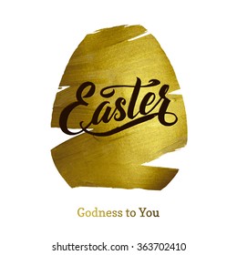 Gold Foil Happy Easter Greeting Egg Card. White Background. Joyful wishes, holiday greetings