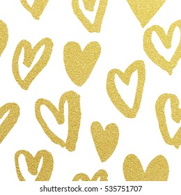 Gold foil heart pattern. Seamless Valentines Day glitter love background. Abstract premium hand drawn golden hearts on white background 