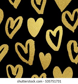 Gold foil heart pattern. Seamless Valentines Day glitter love background. Abstract premium hand drawn golden hearts on black background 