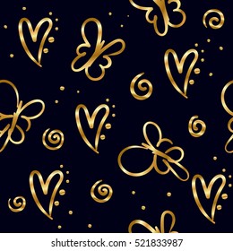 gold foil Hearts and butterflies pattern on black background. Repeated backdrop for girls, fashion clothes, t shirt, child, paper. Girlish abstract seamless ornament. Creative original design