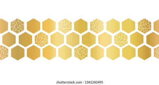Gold foil hexagon shapes seamless vector border. Geometric golden hexagons with texture. Elegant design for cards, birthday party, wedding invitation, celebration, banner, digital paper, home decor