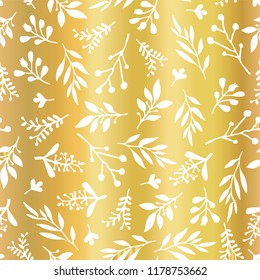 Gold foil leaves Seamless vector background. Simple abstract white leaf texture on golden backdrop, endless foliage pattern. Paper, pattern fill, web banner, party, cards, wedding, celebration, invite