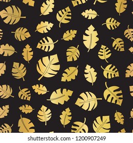 Gold foil leaves seamless vector background. Shiny leaf on black pattern. Shiny metallic elegant backdrop for wedding, celebration, party, card, invitation, birthday, paper, web banner, Thanksgiving