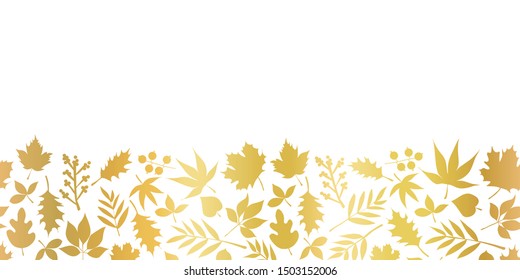 Gold foil leaves seamless vector border. Foliage nature leaf elements repeating banner. Metallic golden floral design for elegant backdrops, invitation, wedding, celebration, cards, decor, autumn