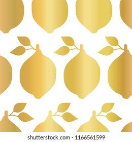 Gold foil lemon seamless vector pattern. Golden shiny lemons in rows on white background. Elegant, luxurious food print for paper, packaging, web banners, home decor, reataurant menues, kitchen decor