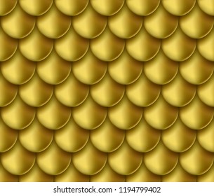 Gold foil mermaid tail texture background. Realistic golden scale seamless pattern. Vector elegant, shiny and metal gradient fish skin template for gold border, frame design.