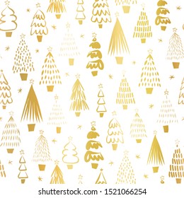 Gold foil metallic Christmas trees on white seamless vector pattern. Modern golden abstract doodle holiday background. Elegant sketch cartoon Christmas design for gift wrap, cards, decor, scrapbooking