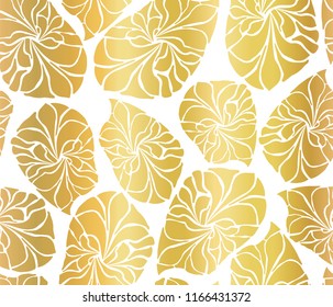 Gold foil mosaic leaves seamless vector background. Golden abstract leaf shapes on white background. Elegant, luxurious pattern for wallpaper, scrap booking, banners, packaging, wedding, party, invite