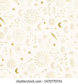 Gold foil pattern with cute hand drawn sun, planet, moon star. Mystic solar design. Vector illustration.