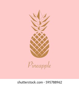 Gold foil Pineapple design. Summer fruit trendy illustration. Pineapple isolated on pink background. Poster pattern. Tropical fruit. Vector.