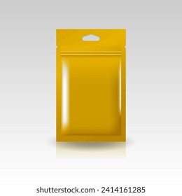 Gold foil, plastic, paper flat zip lock bag with triangle hang hole for products. Isolated on gradient gray background. Ready to use for package design. Realistic vector illustration.