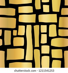 Gold foil Rectangle shapes hand drawn abstract seamless vector pattern. Metallic shiny blocks on black background. Hand drawn background - Christmas, page fill, digital paper, packaging, celebration