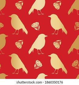 Gold foil robin redbreast, berries, leaves seamless vector pattern background. Festive red backdrop with birds and branches of cotoneaster plant. Winter wildlife and botanical all over print.