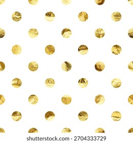 Gold foil seamless texture, shiny handmade circles. Golden glittering pattern. Shining hand drawn background. Wedding, greeting card decoration elements. Modern minimalist art. Vector illustration