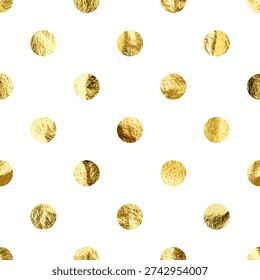 Gold foil seamless texture, shiny handmade circles. Golden glittering pattern. Shining hand drawn background. Wedding, greeting card decoration elements. Modern minimalist art. Vector illustration