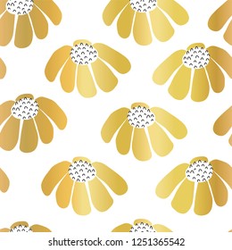 Gold foil Seamless vector flowers repeating background. Scattered florals pattern. Golden metallic flowers. For girl, nursery, packaging, digital paper, baby shower, wedding