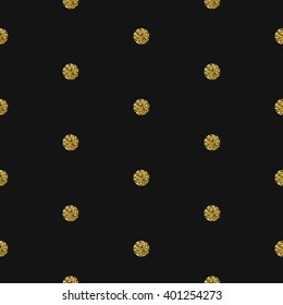 Gold foil shimmer glitter polkadot dark seamless pattern. Vector shimmer abstract circles grey texture. Sparkle shiny balls background.