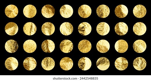 Gold foil, shiny handmade circles. Golden glittering texture, pattern. Luxury shining hand drawn background. Wedding, greeting card decoration elements. Modern minimalist art. Vector illustration