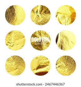 Gold foil, shiny handmade circles. Golden glittering texture, pattern. Luxury shining hand drawn background. Wedding, greeting card decoration elements. Modern minimalist art. Vector illustration