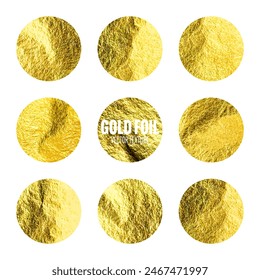 Gold foil, shiny handmade circles. Golden glittering texture, pattern. Luxury shining hand drawn background. Wedding, greeting card decoration elements. Modern minimalist art. Vector illustration