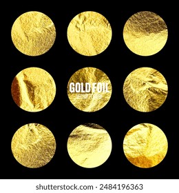 Gold foil, shiny handmade circles. Golden glittering texture, pattern. Luxury shining hand drawn background. Wedding, greeting card decoration elements. Modern minimalist art. Vector illustration