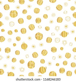 Gold foil space planets seamless vector pattern background. Golden hand drawn cosmic elements, planets, stars on white backdrop. Great for children, school supplies, kids decor, gift wrap, birthday