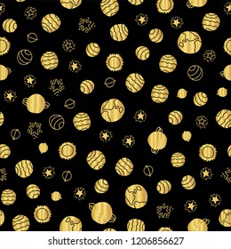 Gold foil space planets seamless vector pattern background. Golden hand drawn cosmic elements planets stars on black backdrop. For school supplies, kids decor, gift wrap, birthday, Christmas New Year