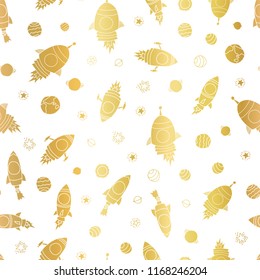 Gold foil space rocket seamless vector pattern background. Golden cosmic elements, rocket ships, planets, stars on white backdrop. Great for children, school supplies, kids decor, gift wrap, birthday