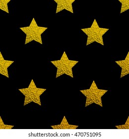 Gold foil star seamless pattern on black background.