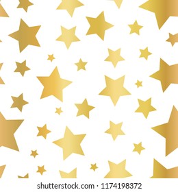 Gold foil star shapes seamless vector pattern. Golden stars on white background. Gold night sky. Elegant and fancy design for web banner, digital paper, gift wrap, card, birthday, wedding, kids, party