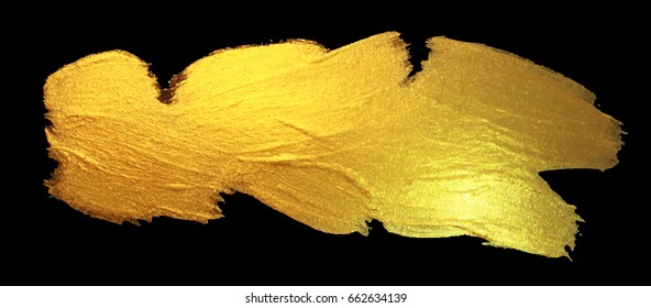 Gold Foil Stroke. Watercolor Texture Paint Stain Abstract Illustration. Shining brush stroke for you amazing design project. Black Background. 