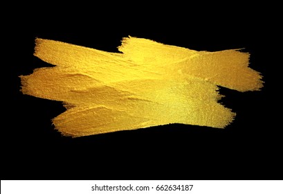 Gold Foil Stroke. Watercolor Texture Paint Stain Abstract Illustration. Shining brush stroke for you amazing design project. Black Background. 