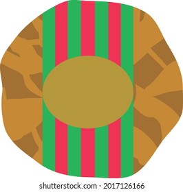 Gold foil style wrapped chocolate candy with striped green and red wrapper and oval label. Layered confectionery SVG svg
