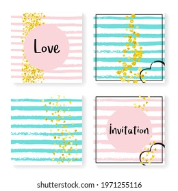 Gold Foil Template. Handdrawn Illustration Set. Mint Splatter Magazine. Pink Xmas Particles. Golden Holiday Art. Stripe Trendy Print. White Effect. Turquoise Gold Foil Template