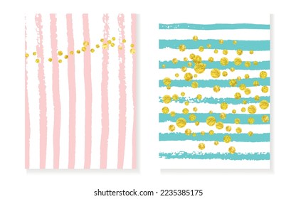 Gold Foil Template. Turquoise Romantic Particle. Rose Print. Stripe Mothers Invite. Pink Trendy Cover. White Marriage Illustration. Decorative Brochure Set. Golden Gold Foil Template