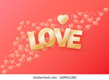 Gold foil text love for valentines day, wedding, womens day isolated design element with gold hearts on a pink background. Vector illustration