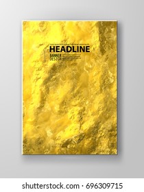 Gold foil texture background. Realistic golden vector elegant brochure, shiny and metal gradient template for gold border, frame, poster design.
