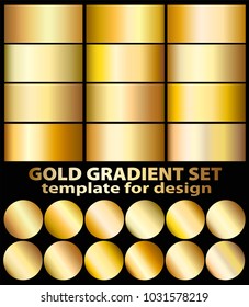 Gold foil texture background set. Realistic golden, copper vector elegant, brass and metal gradient template for gold border, frame, ribbon design