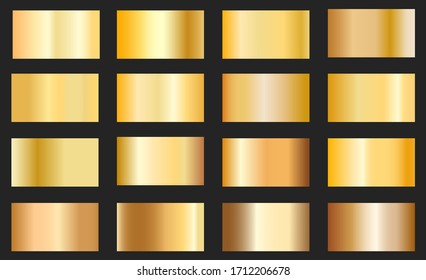 Gold foil texture background set. Vector golden, copper, brass and metal gradient template.Collection of golden metallic gradient.