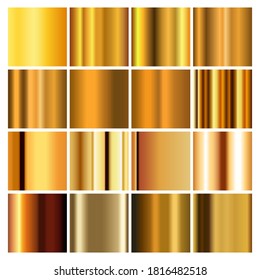 Gold foil texture background set. Vector golden, copper, brass and metal gradient template.