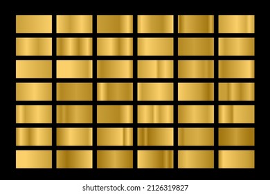 Gold foil texture background set. Vector golden, copper, brass and metal gradient template. Metallic gold gradients palette. Big set of gold textures.