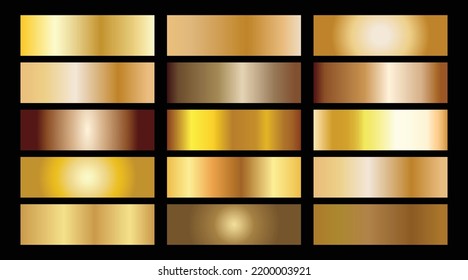 Gold foil texture background set. Vector gold, copper, brass and metal gradient template.