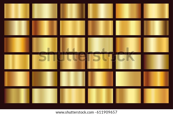 Gold foil texture background set.\
Vector golden, copper, brass and metal gradient\
template.