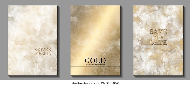 Juego de textura de lámina de oro para diseño de portada, tarjetas, volante, afiche, banner. Resumen de ilustración vectorial dibujada a mano. Colocar el texto. Fondo de arte con textura de grano dorado. Fondo envejecido.