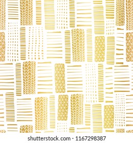 Gold foil textured rectangle seamless vector pattern. Hand drawn golden abstract textured rectangle shapes on white background. Great for banner, digital paper, gift wrap, kids, wedding, party, invite