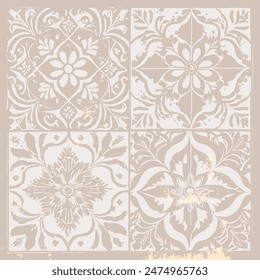 Gold foil tile with arabesque beige print on it, grunge patina texture