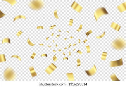 Gold Foil Tinsel Pieces Burst. Celebration Background Design Element. Vector Illustration.