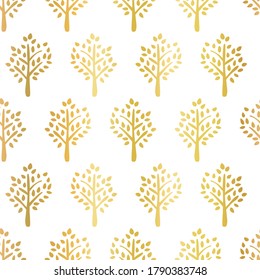 Patrón vectorial sin fisuras de oro. Las siluetas de árbol imitan el metal dorado sobre fondo de caída blanca. Uso de la tela, decoración de otoño, Acción de Gracias