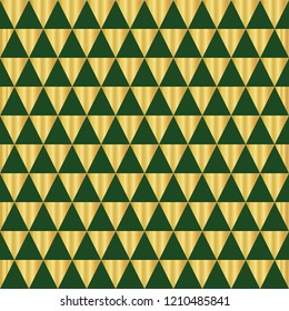 Gold foil triangle geometric seamless vector pattern. Golden shiny triangle shapes on green background. Elegant art for web banner, party invitation, New Year, Christmas, celebration, card, page fill